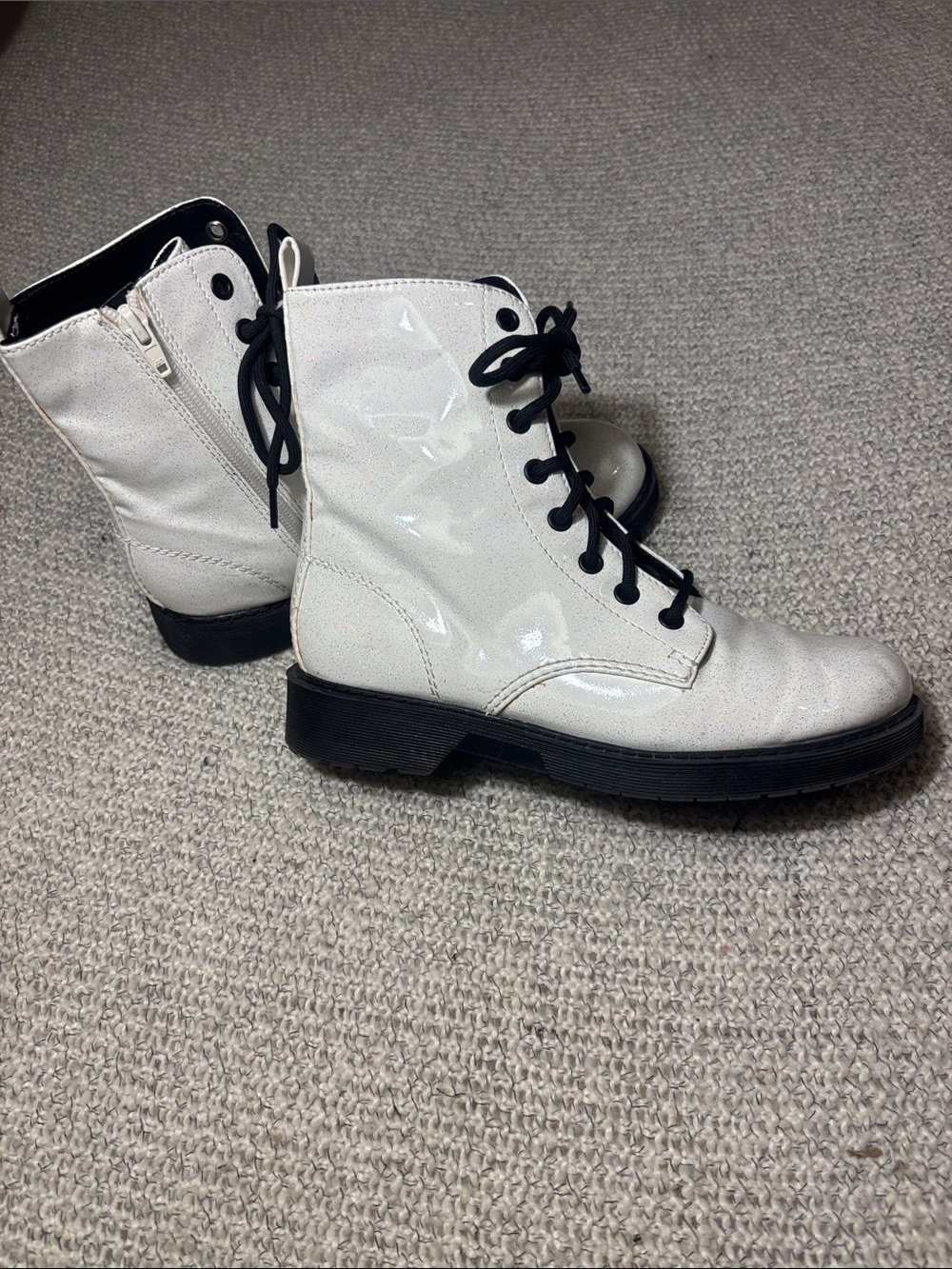 WHITE Glossy Sparkle Combat
Boots,zip/lace